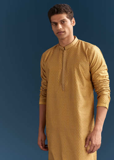 Yellow Silk Kurta Set For Men