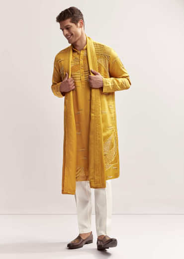 Yellow Silk Kurta Set For Men With Cutdana And Bead Work