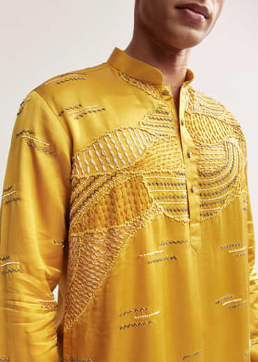 Yellow Silk Kurta Set For Men With Cutdana And Bead Work
