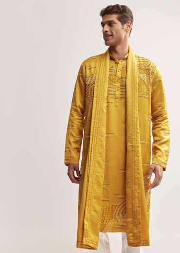 Yellow Silk Kurta Set For Men With Cutdana And Bead Work