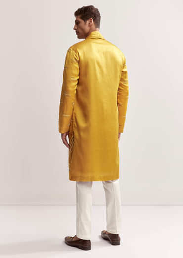 Yellow Silk Kurta Set For Men With Cutdana And Bead Work