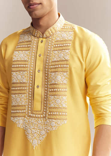 Yellow Silk Kurta Set For Men With Kashmiri Hand Work