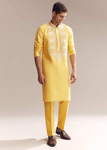 Yellow Silk Kurta Set For Men With Kashmiri Hand Work
