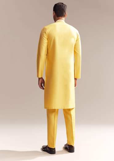 Yellow Silk Kurta Set For Men With Kashmiri Hand Work