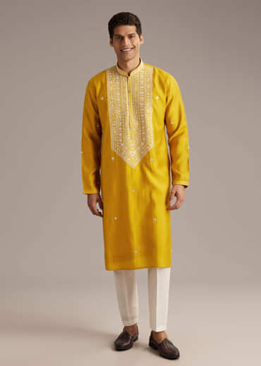 Yellow Silk Kurta Set For Men With Mirror And Thread Work