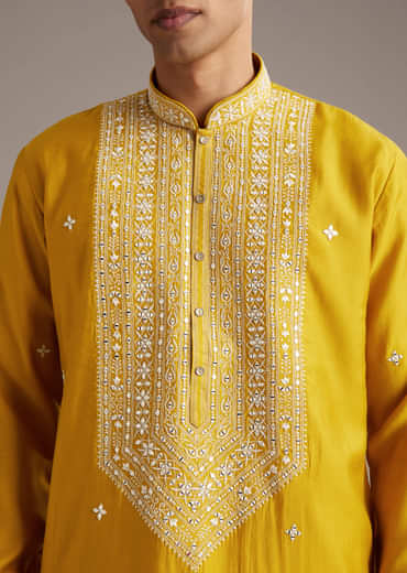 Yellow Silk Kurta Set For Men With Mirror And Thread Work