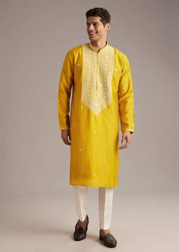 Yellow Silk Kurta Set For Men With Mirror And Thread Work