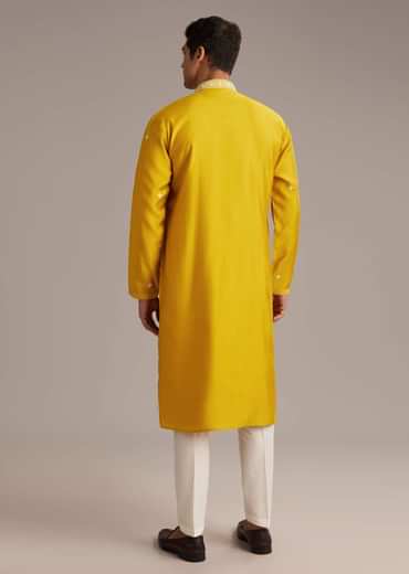 Yellow Silk Kurta Set For Men With Mirror And Thread Work