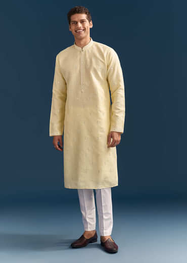 Pastel Yellow Silk Kurta Set For Men With Mirror Work