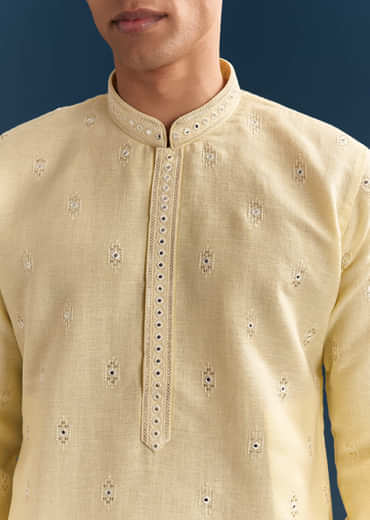 Pastel Yellow Silk Kurta Set For Men With Mirror Work