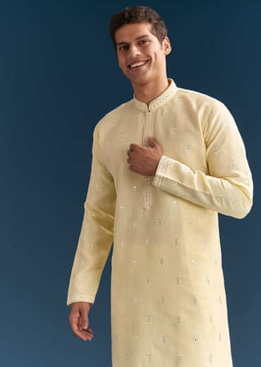 Pastel Yellow Silk Kurta Set For Men With Mirror Work