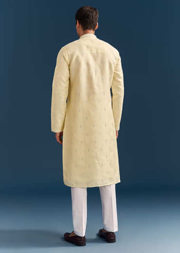 Pastel Yellow Silk Kurta Set For Men With Mirror Work