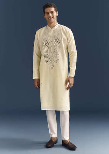 Yellow Silk Kurta Set For Men With Mirror Embroidery
