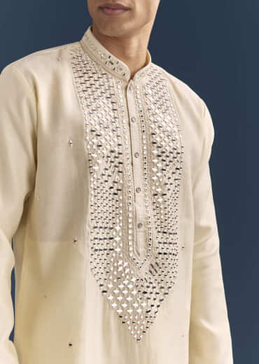 Yellow Silk Kurta Set For Men With Mirror Embroidery
