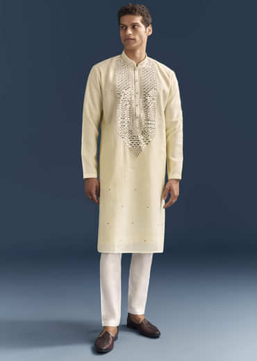 Yellow Silk Kurta Set For Men With Mirror Embroidery