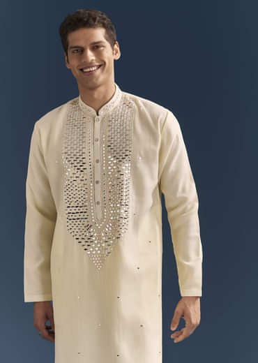 Yellow Silk Kurta Set For Men With Mirror Embroidery