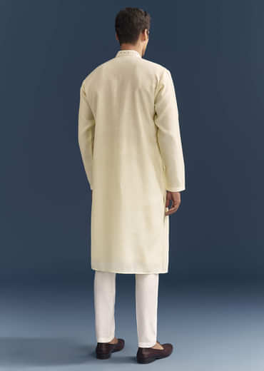 Yellow Silk Kurta Set For Men With Mirror Embroidery