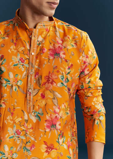 Yellow Silk Kurta Set For Men With Multicolour Floral Print