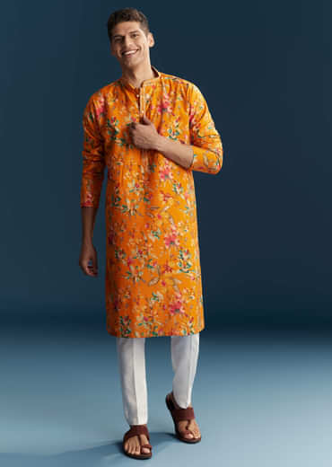 Yellow Silk Kurta Set For Men With Multicolour Floral Print