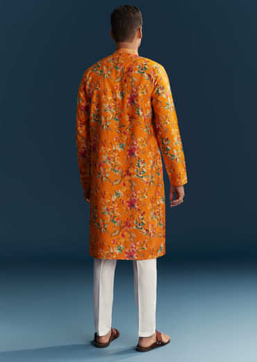 Yellow Silk Kurta Set For Men With Multicolour Floral Print