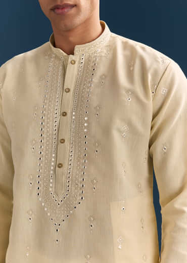 Yellow Silk Kurta Set For Men With Thread And Mirror Embroidery