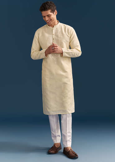 Yellow Silk Kurta Set For Men With Thread And Mirror Embroidery