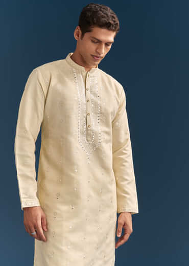 Yellow Silk Kurta Set For Men With Thread And Mirror Embroidery