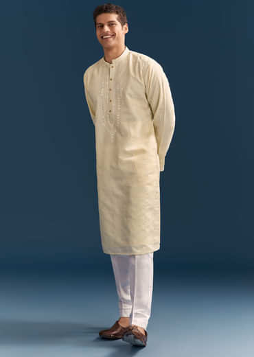 Yellow Silk Kurta Set For Men With Thread And Mirror Embroidery