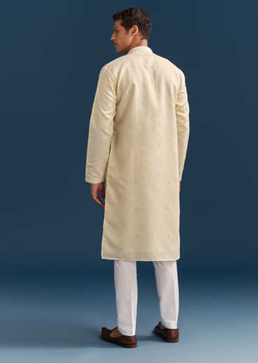 Yellow Silk Kurta Set For Men With Thread And Mirror Embroidery
