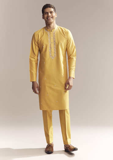 Yellow Silk Kurta Set For Men With Zardosi And Aari Work