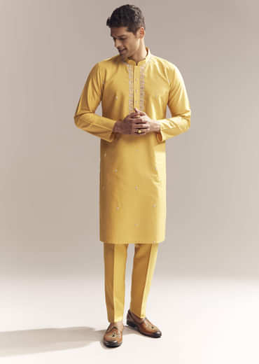 Yellow Silk Kurta Set For Men With Zardosi And Aari Work