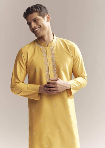Yellow Silk Kurta Set For Men With Zardosi And Aari Work