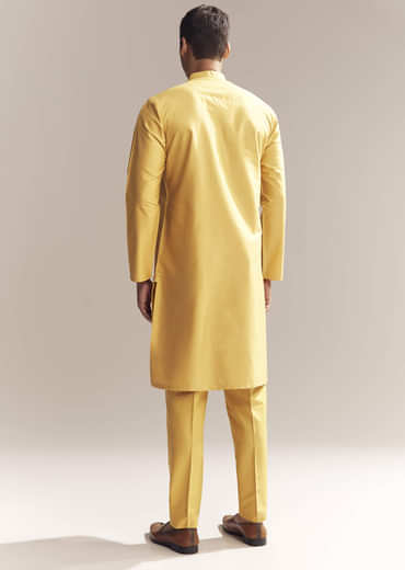 Yellow Silk Kurta Set For Men With Zardosi And Aari Work
