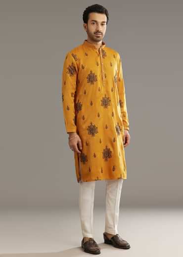 Yellow Silk Kurta Set With Artistic Print
