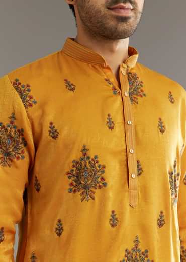 Yellow Silk Kurta Set With Artistic Print