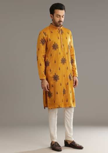 Yellow Silk Kurta Set With Artistic Print