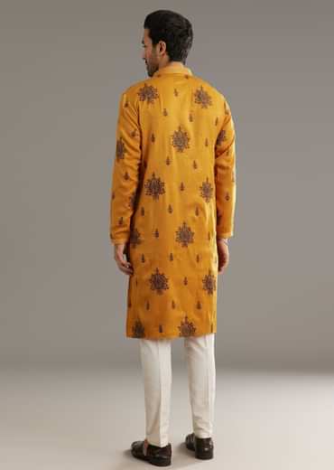 Yellow Silk Kurta Set With Artistic Print