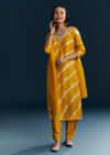 Yellow Silk Kurta Set With Leheriya Print And Embroidery
