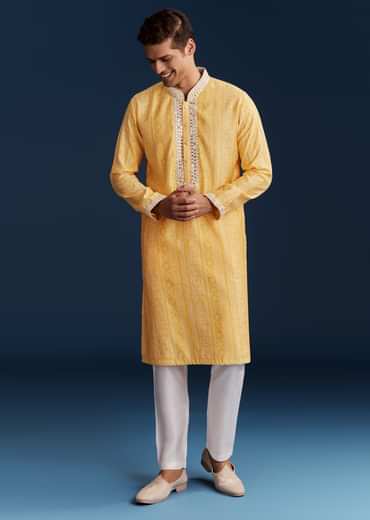 Yellow Silk Kurta Set With Mirror Work
