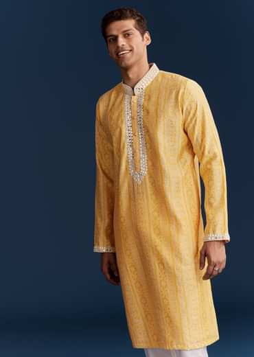 Yellow Silk Kurta Set With Mirror Work