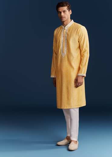 Yellow Silk Kurta Set With Mirror Work