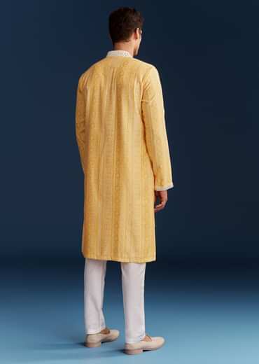 Yellow Silk Kurta Set With Mirror Work
