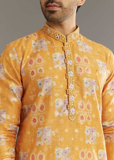 Yellow Silk Kurta Set With Print Work