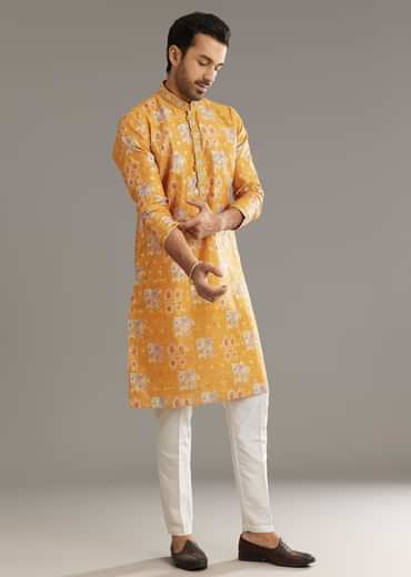 Yellow Silk Kurta Set With Print Work