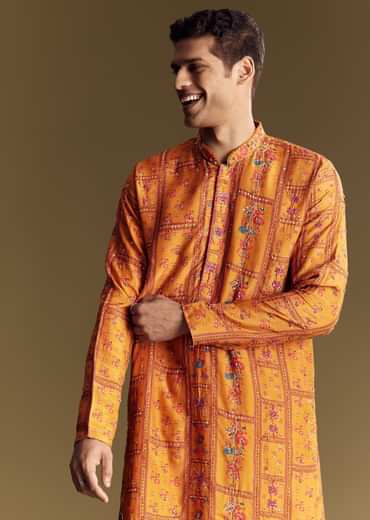 Yellow Silk Kurta Set With Thread Embroidery And Sequin Accents