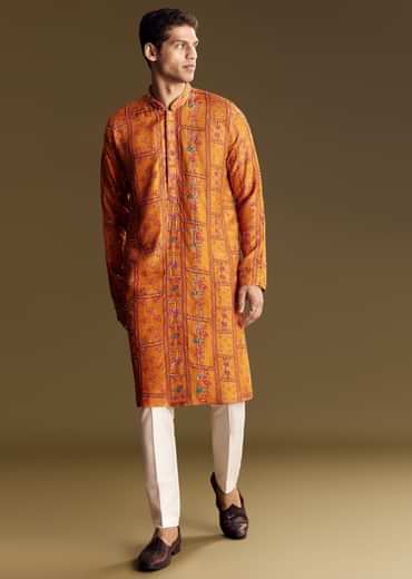Yellow Silk Kurta Set With Thread Embroidery And Sequin Accents