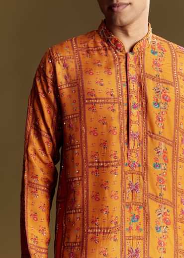 Yellow Silk Kurta Set With Thread Embroidery And Sequin Accents