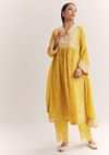 Yellow Silk Kurta Set With Thread Work And Organza Dupatta