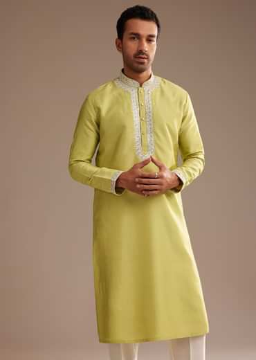Yellow Silk Kurta Set With Yoke Embroidery