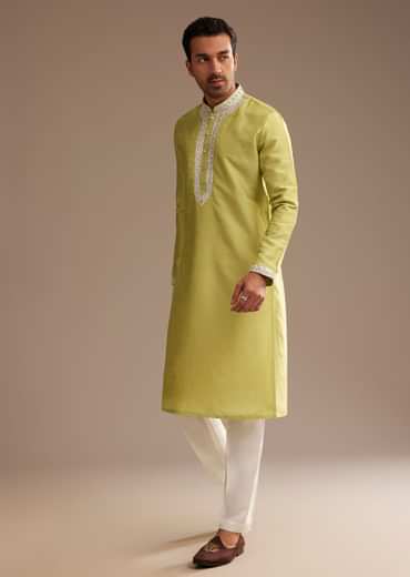 Yellow Silk Kurta Set With Yoke Embroidery
